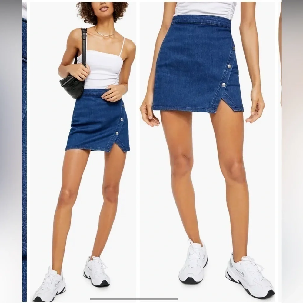 Free People We The Free Notched Denim Mini Skirt Asymmetric Snap Blue Jean Sz 6